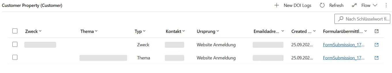 Two log rows on a contact, one for a purpose and one for a topic, each with its source, date and a link to the form submission that was confirmed.