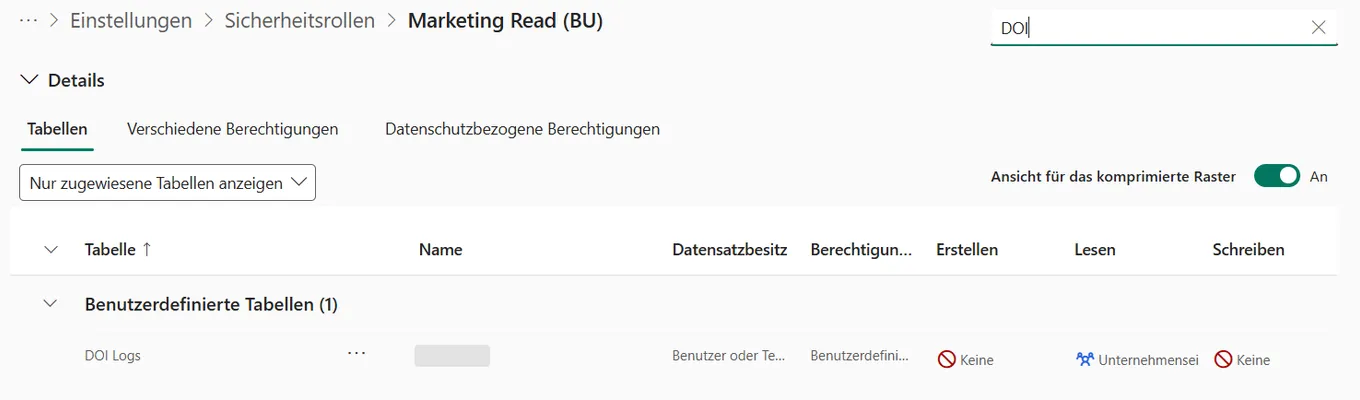 The copied marketing role filtered to the log table, with read access at business unit level and no create or write.