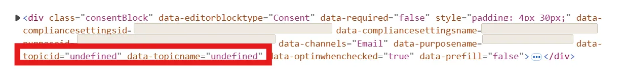 Browser devtools element inspector showing a consentBlock div, with the attributes data-topicid and data-topicname both set to the literal string undefined, highlighted in red.