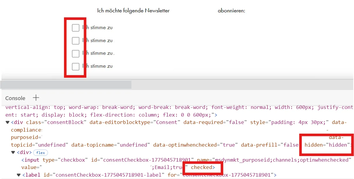 A rendered form showing four unchecked consent checkboxes, and below it the devtools element inspector for the same area, showing a consentBlock carrying data-hidden set to hidden whose input element is in fact checked.